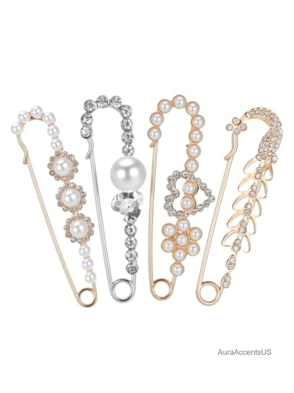 Vintage Safety Pin Brooch - Faux Pearl Rhinestone Shawl Pin for Collars